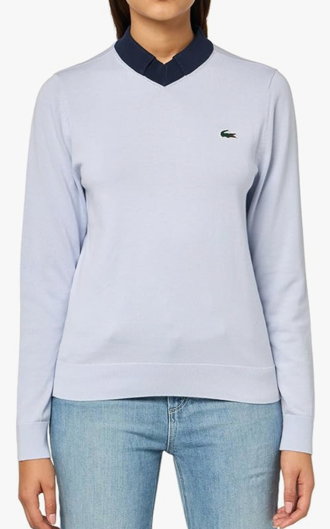 Lacoste Sport Women's Pima Cotton Technical Knit Golf Sweater AF3128 Light Blue with Navy Blue Size: Medium