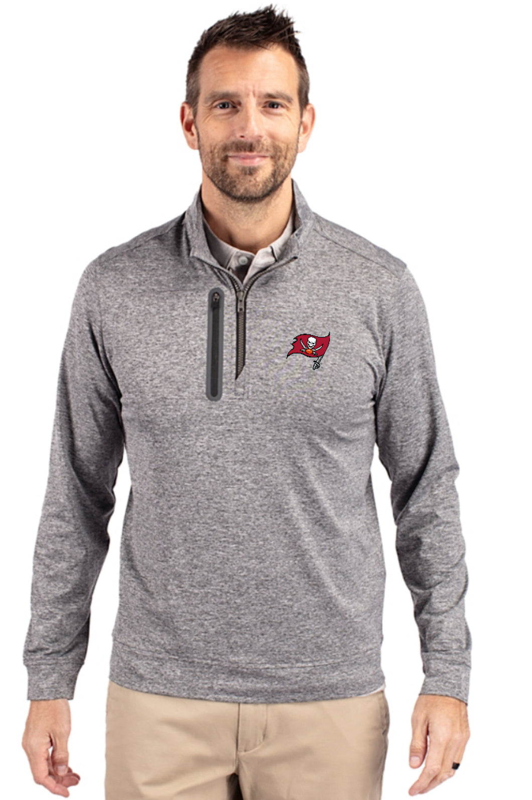 Tampa Bay Buccaneers Cutter & Buck Stealth Heathered Quarter Zip Mens Pullover MCK09404 - Elemental Gray