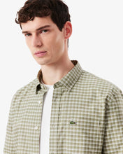 LACOSTE Men's Regular Fit Stretch Plaid Shirt CH1343 51 C18 White / Khaki Green- MEDIUM